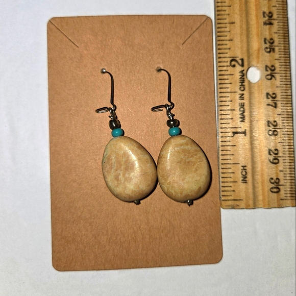 Elegant Tan and Turquoise Dangle Earrings - Picture 1 of 5